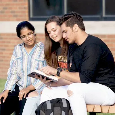 三个大学生坐在长凳上读《圣经》